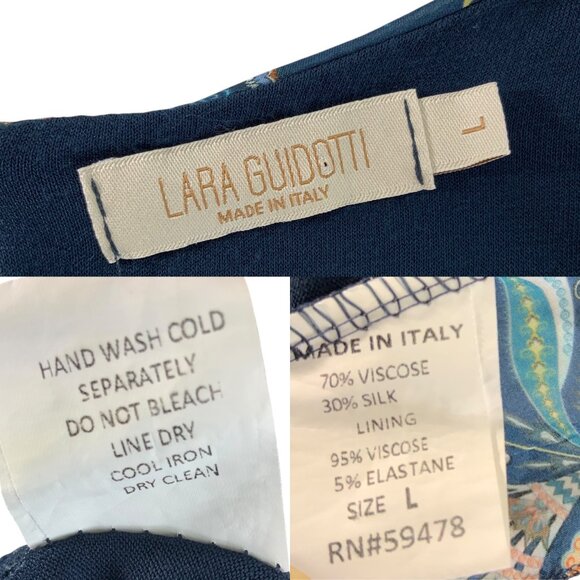 Lara Guidotti Dress L Navy Blue Floral Sleeveless Ruffle Midi Silk Blend Italy - Picture 5 of 12